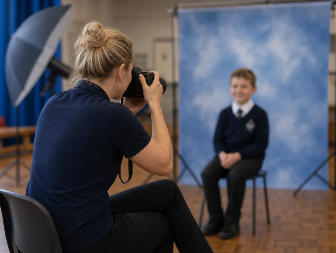 A school photographer working in a school hall, photographing a young pupil against a blue backdrop